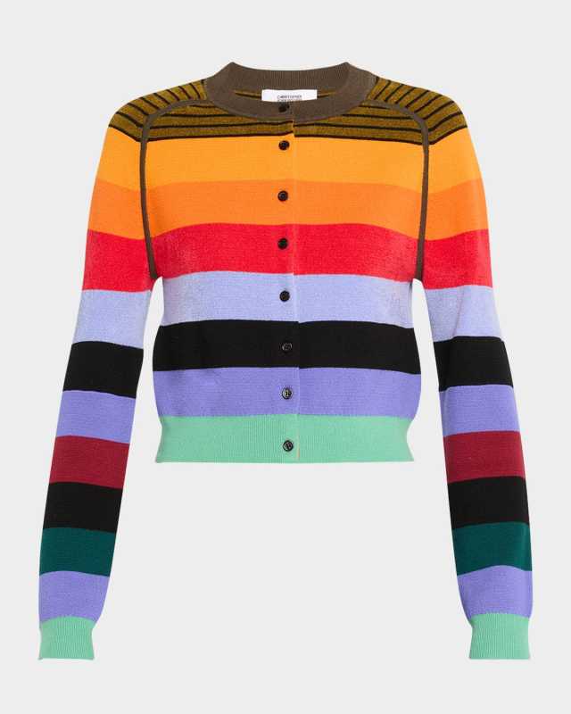 Rainbow Striped Cropped Wool Cardigan